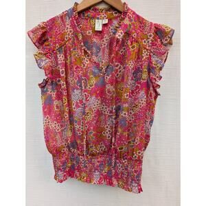 Joie Women’s Pink Floral Print Smocked Tie Front Top Blouse Sz Medium Feminine